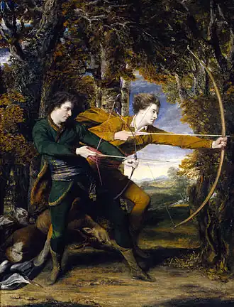 A painting of 2 men with bow and arrows