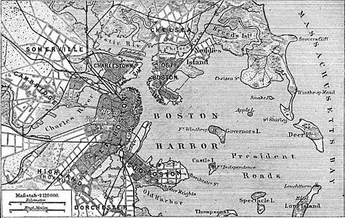 A larger view of Boston in 1888 (see also Colonial wide-area view, 1814 map, 1842 map, 1880 railroad map, 1903 map)