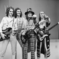 Classic lineup of Slade in November 1973; left to right: Jim Lea, Don Powell, Noddy Holder, Dave Hill
