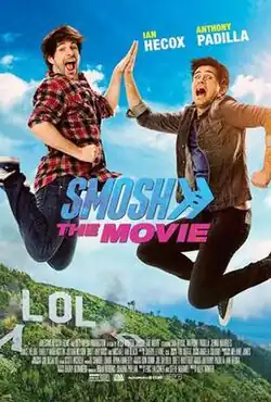 Anthony Padilla and Ian Hecox jump high-five each other with wacky smiles in front of the Hollywood sign that has been modified to simply spell "LOL".