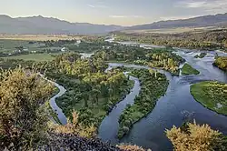 A river forms multiple channels as it winds through a forested floodplain in a wide valley
