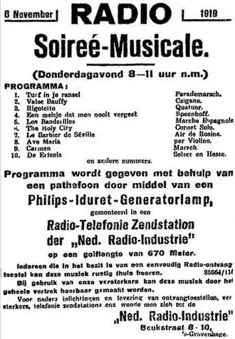 Image 27November 5, 1919 Nieuwe Rotterdamsche Courant advertisement, announcing PCGG's debut broadcast scheduled for the next evening, using narrow-band frequency modulation (FM). (from Radio broadcasting)