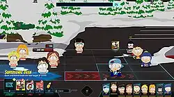 An enemy group of Raisins waitresses is grouped on the left, facing a group of superhero children on the right. They stand atop a grid indicating options of attack. There is snow and pine trees in the background.