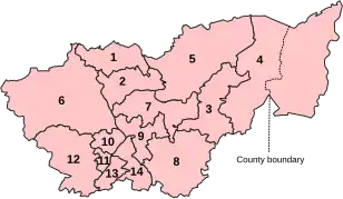 Numbered map of the parliamentary constituencies of South Yorkshire created by the 2023 boundary review and first used at the 2024 UK general election.