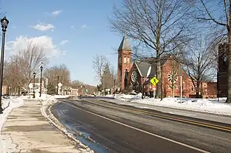The First Congregational Church and, in the background, the South Hadley Post Office and Village Commons