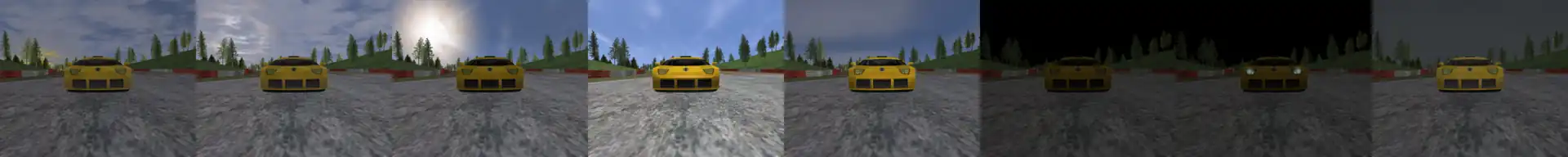 A horizontal montage of eight pictures showing, from the same point of view, the front of a car with different atmospheric conditions and time settings.