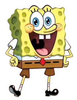 A cartoon illustration of a yellow rectangular sponge with olive-green holes smiling with his blue eyes and red dimpled cheeks.