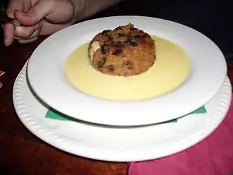 Dessert: Spotted dick (19th century[72]) with custard (Roman,[73] and medieval[74])