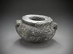 Squat vase with lug handles; 3050–2920&nbsp;BC; porphyry; 11 × 20&nbsp;cm; Los Angeles County Museum of Art (US)