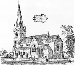 An engraving of a church with an apsidal chancel and a west steeple