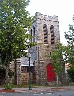 Stone tower of St. Peter's Episcopal Church, from Division Street