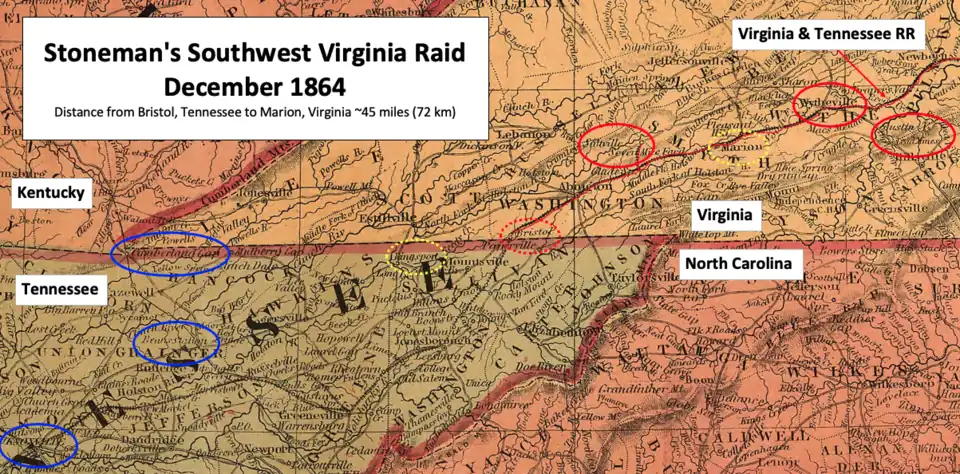 Map with points of interest highlighted such as salt mines, battle site, Wytheville, and lead mines