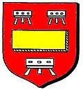 Gules, a fess humette or, between three trestles, argent