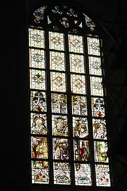 Stained glass depicting Saint Boniface, Saint Denis of Paris, Saint Emmeram and Saint Erhard