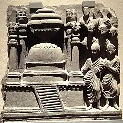 A model resembling the Saidu Sharif Stupa, with square base and four columns (1st century CE).[29]