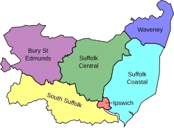 Map of parliamentary constituencies in Suffolk 1983–1997