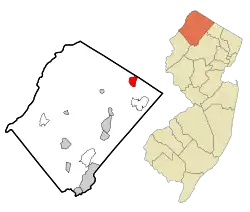 Map of Vernon Valley highlighted within Sussex County. Right: Location of Sussex County highlighted within New Jersey.