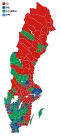 Votes by municipality. The municipalities are the color of the party that got the most votes within the coalition that won relative majority.