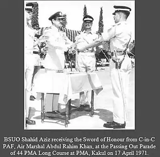 Shahid Aziz receives the Sword of Honour from Air Marshal Abdur Rahim Khan, 1971