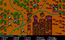 A battle, represented in digital format, takes place at a river intersection next to a small fortified city. Trees, hills, brushes dot the area. Simple colorful icons, representing monsters and soldiers, are arrayed among the terrain. In certain locations, several icons are stacked as a pile. A menu, displaying a list of commands, lies at the bottom of this image.