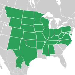 Symphyotrichum oblongifolium distribution map: Mexico — Coahuila; US — Alabama, Arkansas, Colorado, Illinois, Indiana, Iowa, Kansas, Kentucky, Maryland, Minnesota, Mississippi, Missouri, Montana, Nebraska, New Mexico, North Carolina, North Dakota, Ohio, Oklahoma, Pennsylvania, South Dakota, Tennessee, Texas, Virginia, West Virginia, Wisconsin, and Wyoming