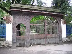A Székely gate in front of the Székely National Museum, in Sfântu Gheorghe, Romania