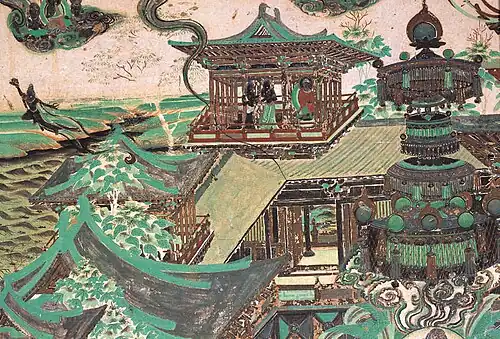 A fresco shows the Tang style architecture in the Buddhist land.
