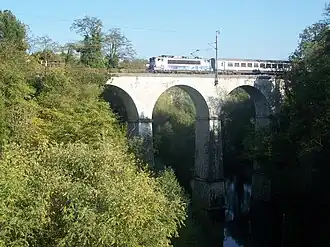 Train on stone viaduct