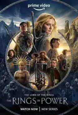 Poster featuring various characters from the season in a central circle, above a smaller circle that encloses a spiked sword hilt and in front of a larger circle that holds different landscapes and creatures. The Prime Video logo is at the top of the poster and the series' title is at the bottom.