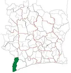 Location in Ivory Coast. Tabou Department has retained the same boundaries since its creation in 1988.