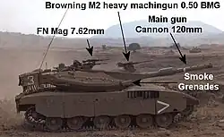 The more advanced, Merkava Mark III Baz model, with weaponry highlighted