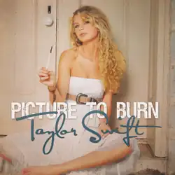 Cover art of "Picture to Burn" showing Swift holding a lighter in a white dress siting on the ground behind a door