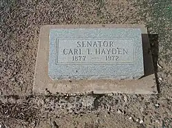 The grave site of Carl T. Hayden (1877–1972). Hayden was the first United States Senator to serve seven terms. He served as Arizona’s first representative for eight terms before entering the Senate, Hayden set the record for longest serving member of the United States Congress more than a decade before his retirement from politics. He is buried in sec. B-53