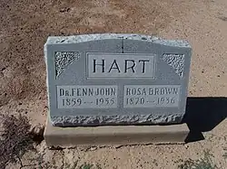 The grave of Dr. Fenn John Hart (1859–1935) and his wife Rosa Brown Hart (1870–1936). Dr. Fenn J. Hart was the first Mayor of Tempe. He served as such from 1894 to 1896. The Hart's are buried in sec. B of the Double Butte Cemetery.