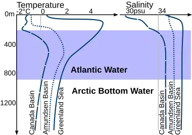Image 10Density structure of the upper 1,200 m (3,900 ft) in the Arctic Ocean. Profiles of temperature and salinity for the Amundsen Basin, the Canadian Basin and the Greenland Sea are sketched. (from Arctic Ocean)