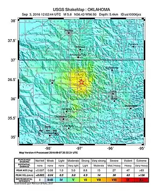 ShakeMap of the 2016 Oklahoma earthquake.