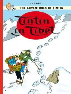 Tintin, Snowy, Haddock, and Tharkey are hiking up a snowy mountainside, one of whom points out large animal tracks in the snow.