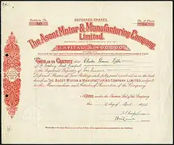 An image of a share certificate issued for 100 shares in the company on 4 April 1928