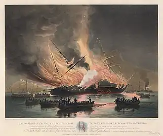 Mends was a witness to the burning of the United States steam frigate USS&nbsp;Missouri at Gibraltar 26 August 1843. His sketch was the basis for a painting by Edward Duncan. This litho from Thomas Goldsworthy Dutton is from that work.[15]
