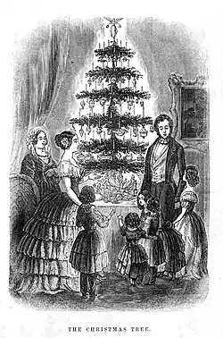 Copy of an 1848 engraving of the British royal family with their tree, modified and widely published in American magazine Godey's Lady's Book, 1850.