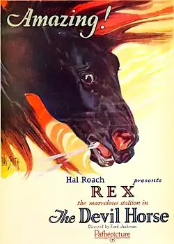 A poster featuring a painting of a black horse's head.