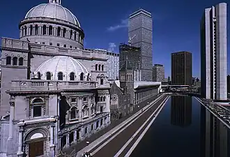 (left) the Mother Church, reflecting pool and (right) 177 Huntington Avenue