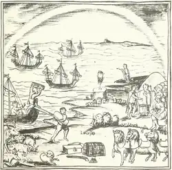 Spanish conquest of Mexico, 1519–1521, with horses, pigs, cattle, and sheep being landed from ships. Florentine Codex.
