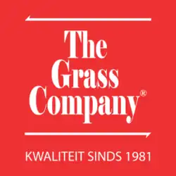 Orange logo with white text: The Grass Company, kwaliteit sinds 1981