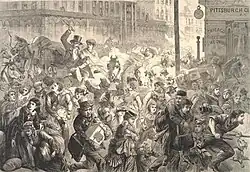 Illustration of a panicked scene outside of the hotel on the night of the Great Chicago Fire