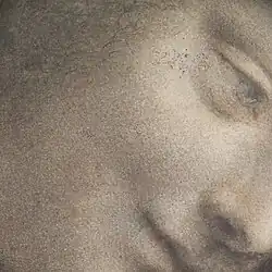 From the drawing, close-up of the Virgin's cheek, eye and mouth.