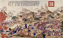 Zhao Hui was unable to take Yarkand, moved east but was forced to retreat by the rebels, who lay siege to him at the Black River. In 1759, Zhao Hui learnt of the imminent arrival of relief troops, and so stormed the rebel town and brought the rebellion to an end. By Giuseppe Castiglione.