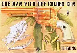 A book cover, showing a drawing of a pistol, a snake's skeleton, four bullets and two flies