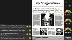 A screenshot from The New York Times Simulator. On the left is a list of prospective articles. In the middle is the paper, and on the right are three meters, each corresponding to the approval the police, the rich, or Israel.
