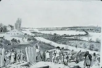 Wide river with pontoon bridge in background, and civilians and soldiers picking up palisades and wood in foreground.